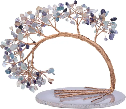 Vista 10 de Nupuyai Árbol de dinero de cristal curativo de alambre de cobre de 3-4 pulgadas para la buena suerte, base de rodajas de ágata bonsái, decoración
