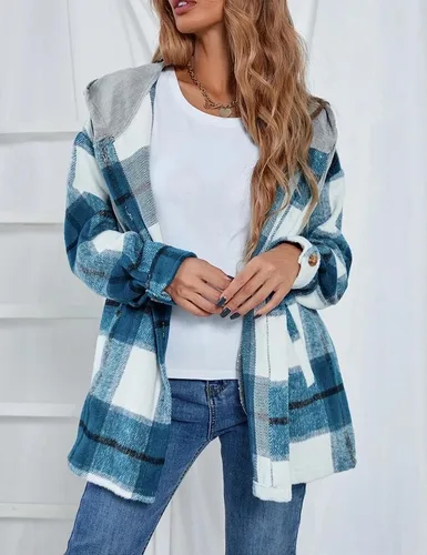 Vista 2 de Wanzetaly Chaqueta con capucha para mujer, bloque de color, casual, de franela, a cuadros, mezcla de lana, camisa con botones y bolsillos