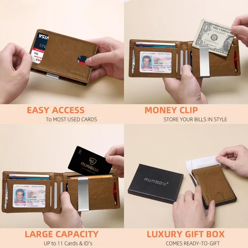 Vista 171 de RUNBOX - Carteras delgadas para hombre, cartera de piel con pinza para el dinero, cartera de bolsillo frontal con bloqueo RFID, tarjetero