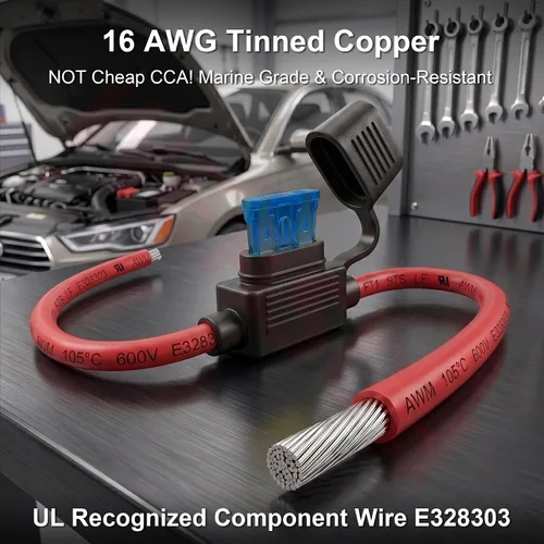 Vista 2 de Paquete de 2 portafusibles en línea de 16 AWG de 12 V, alambre de componente reconocido por UL