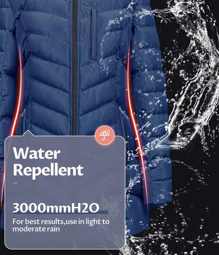 Vista 4 de CREATMO US Abrigo de invierno con capucha para mujer, impermeable, cálido, largo acolchado, parka