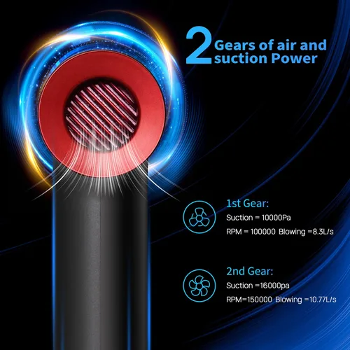 Vista 8 de Soplador de Aire Comprimido 2 en 1 y Mini Aspiradora con 150000 RPM Altas - Motor Sin Escobillas Potente para Escritorio, Teclados, Laptop, Secadora