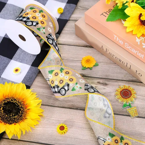 Vista 5 de Whaline Cinta vintage con borde de alambre para camión de girasol, para primavera y verano, diseño floral de búfalo a cuadros, cinta de envoltura