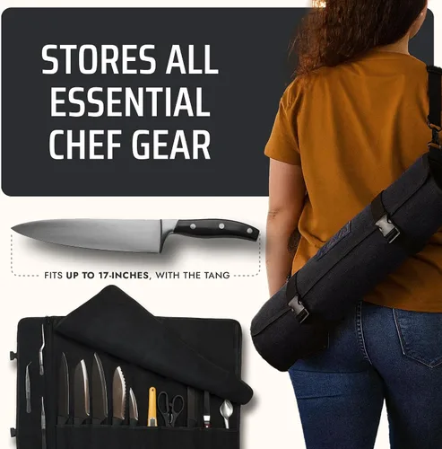 Vista 4 de Asaya - Bolsa enrollable de lona para cuchillos de chef - 10 ranuras para cuchillos y un gran bolsillo con cremallera - Funda duradera de lona
