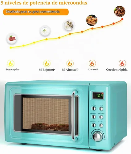 Vista 5 de Horno microondas retro, Safeplus de 0.7 pies cúbicos, microondas de 700 W con placa de acero laminado en frío, 5 micro descongelación y función