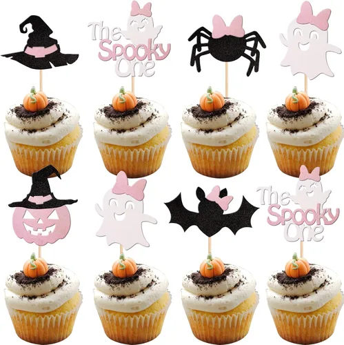 Vista 24 de 30 piezas de decoración de murciélagos de Halloween para cupcakes de murciélago con purpurina negra para Halloween, decoración de pasteles de Negro