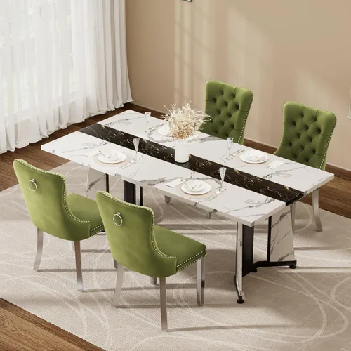 Vista 32 de Juego de mesa de comedor de 5 piezas con 4 sillas, mesa de comedor rectangular de madera de 71 pulgadas con sillas de comedor de terciopelo, tablero