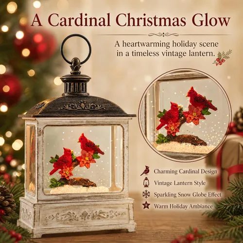 Vista 3 de Globo de nieve navideño con agua brillante, escena de cardenal con música y temporizador, linterna iluminada con USB/operada por batería