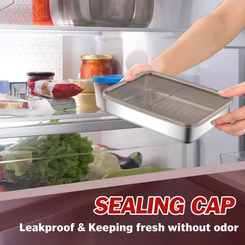 Vista 3 de Recipiente de tocino para refrigerador, 2 unidades, recipiente grande de acero inoxidable para nevera, antiadherente, apilable, estilo japonés