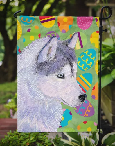 Vista 3 de Caroline's Treasures SS4809GF - Bandera decorativa para jardín con diseño de huevo de Pascua de Husky siberiano, diseño de huevera