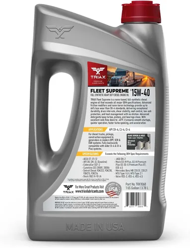Vista 2 de Triax Fleet Supreme ESP 15W-40 API CK-4 Aceite de motor diésel completamente sintético, optimizado y potenciado por fricción con molibdeno