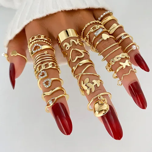 Vista 3 de 17IF Juego de anillos dorados vintage para mujer, diseño bohemio de cristal estético, perla, mariposa, grueso, apilable, paquete de anillos midi