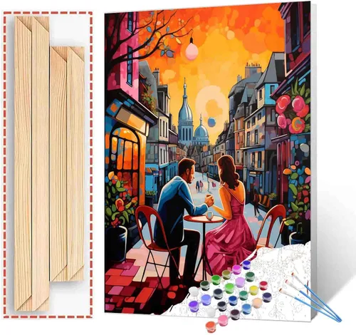 Vista 8 de Kits de pintura romántica por números para parejas con pinceles y pigmento acrílico sobre lienzo para adultos, niños y niñas bajo un paraguas