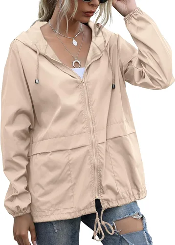 Vista 17 de PESION Chaqueta impermeable ligera para mujer, rompevientos con capucha y bolsillo para exteriores Verde militar