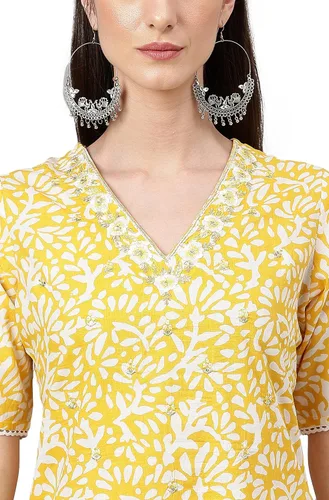 Vista 8 de Janasya Indian Cambric - Pantalones cortos rectos con estampado de algodón amarillo para mujer