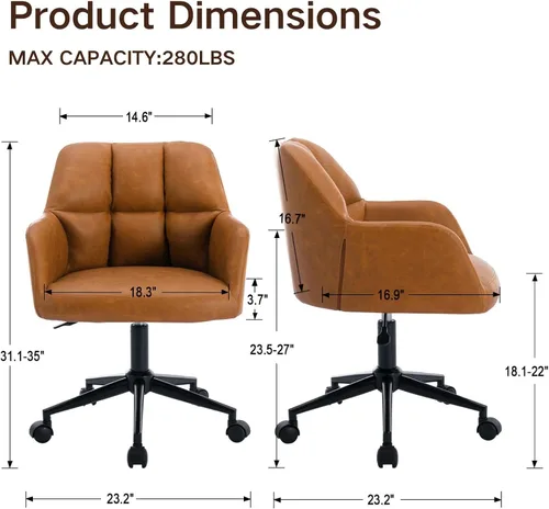 Vista 2 de Silla de oficina en casa marrón con ruedas, silla ajustable para computadora, silla de escritorio giratoria con respaldo medio, silla tapizada