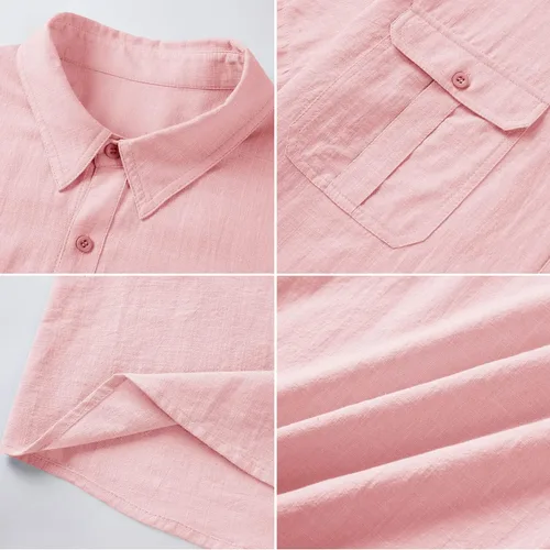 Vista 3 de Pengfei Mens Short Sleeve Shirts Linen Cotton Button Down Tees Spread Collar Plain Shirts A-Grey Large