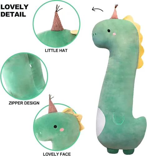 Vista 6 de PEACH CAT Almohada larga de felpa verde de dinosaurio suave para niñas y niños, 35.4 pulgadas