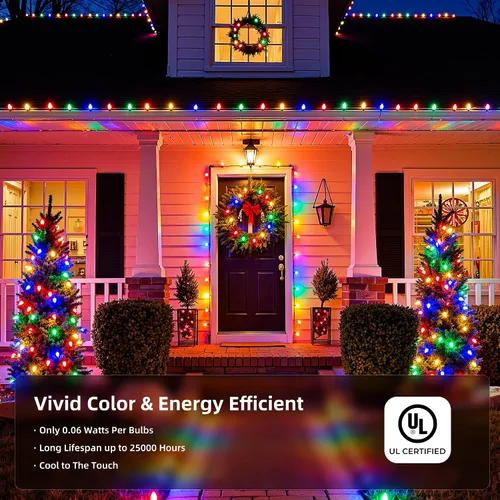 Vista 2 de Luces LED C9 de Navidad para exteriores, 34 pies, 50 LED, impermeables, decoraciones navideñas de fresas, luces de cadena, enchufables, luces