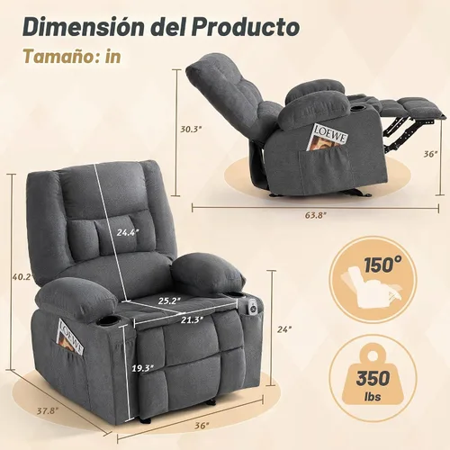 Vista 2 de Rocker - Silla reclinable con masaje y calor, sofá individual ergonómico, mecedoras para sala de estar, cómoda silla reclinable con portavasos Gris