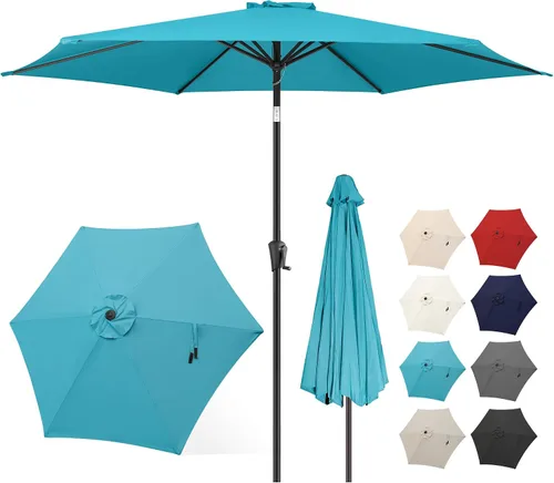 Vista 17 de FLAME&SHADE Sombrilla de patio de 11 pies, sombrilla de mesa para exteriores con botón de inclinación y manivela, protección UV, 8 varillas