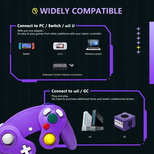 Vista 3 de Zeion Pack Gamecube Controlador con cables de extensión Zeion y adaptador USB de 4 puertos para consola Switch PC Wii U negro morado plateado verde