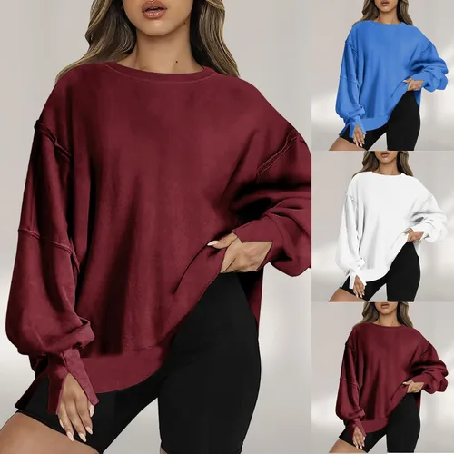 Vista 6 de Cómoda sudadera para mujer, ajuste holgado, casual, cuello redondo, a la moda, blusas de manga larga, blusas de color sólido