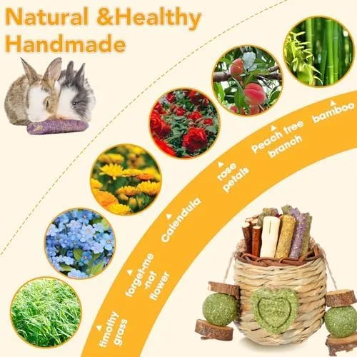 Vista 5 de Jorewood Juguetes masticables para conejos, cesta colgante natural con bambú dulce, heno Timothy, palitos de melocotón para conejos, chinchillas