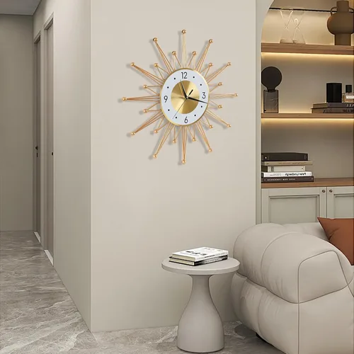 Vista 9 de Reloj de pared grande silencioso de 19.6 pulgadas para decoración de sala de estar, reloj de pared dorado con forma de explosión de sol y estrella