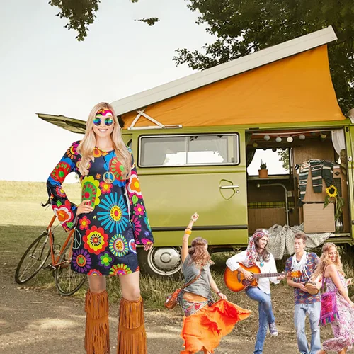 Vista 3 de ATAMET Disfraz hippie de los años 60 y 70 para mujer, ropa hippy, vestido de discoteca para adultos, disfraz de fiesta de los años 70