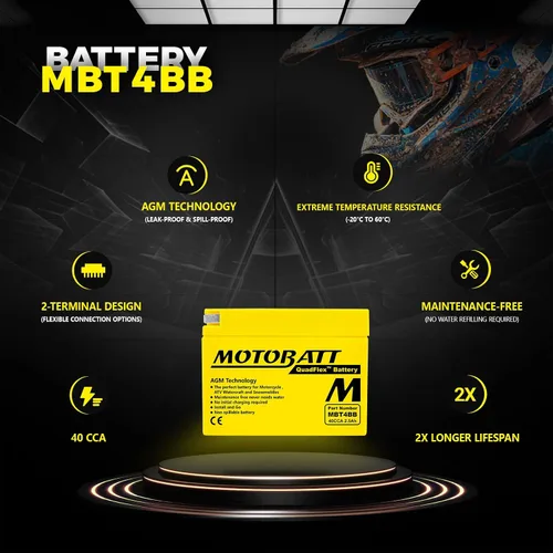 Vista 5 de MotoBatt MBT4BB (12V 2,5 Amp) batería AGM 40CCA activada de fábrica QuadFlex