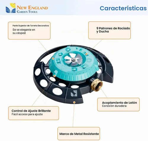 Vista 3 de Rociador de puntos multipatrón 400001 – 9 patrones de pulverización ajustables, base de metal resistente, diseño de torreta decorativa, riego