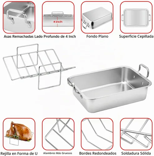Vista 4 de Sartén para asar de acero inoxidable de 15 pulgadas con estante de enfriamiento - Para pavo, pollo, jamón con estante de horneado en forma de V