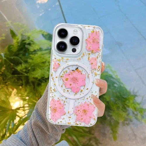 Vista 4 de Abbery Funda magnética para iPhone 14 Pro Max de 6.7 pulgadas, compatible con MagSafe Cute Clear with Design Glitter Sparkle Real Dry Pressed Flower