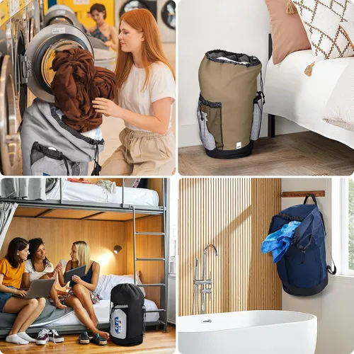 Vista 7 de BALEINE Mochila Bolsa de Lavandería de 120L, Tela Oxford 900D Bolsas Grandes de Lavandería de Viaje con Correas para el Hombro y 2 Bolsillos