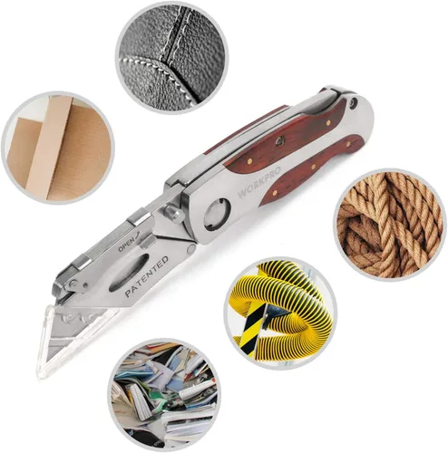 Vista 6 de WORKPRO - Cuchillo de uso de cambio rápido, mango de madera estilo retro, cuchillo plegable con clip