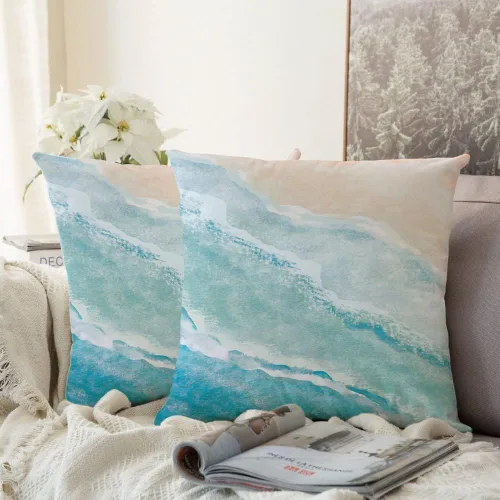 Vista 2 de Fundas de almohada azules con acuarela de playa, mar, océano, paisajes de naturaleza, funda de cojín cuadrada para sofá, cama, dormitorio