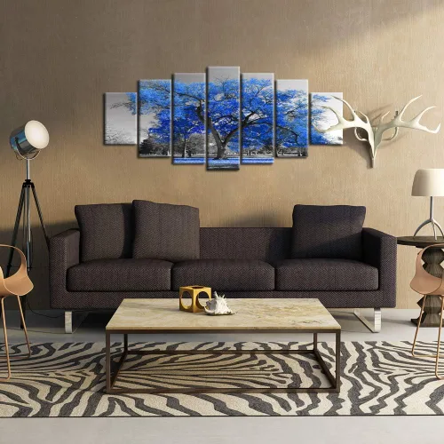 Vista 3 de KREATIVE ARTS Lienzo extra grande para paredes del hogar, 7 piezas, arte de pared, árbol azul, paisaje, blanco y negro, enmarcado y estirado