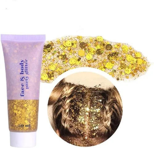 Vista 8 de Brillantina para la cara azul, traje de neón brillante, para fiesta, lentejuelas holográficas, maquillaje en gel con purpurina corporal (01# azul)