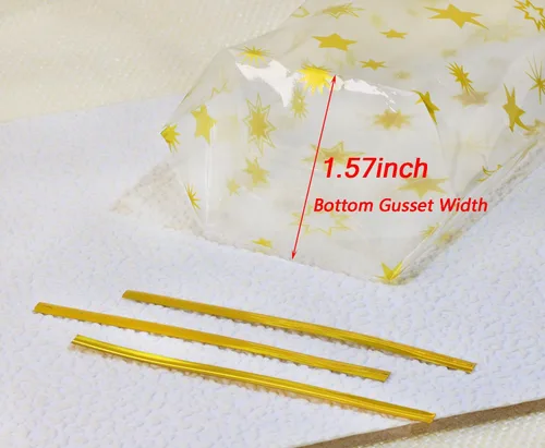 Vista 4 de Mini Skater Bolsas de celofán con estampado de estrellas doradas, de plástico transparente, para dulces, galletas, regalo, bolsas de polietileno