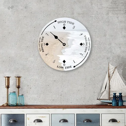 Vista 4 de Reloj de marea de madera, olas blancas y playa, costa este, océano Atlántico, reloj de marea de madera con marea alta y baja, reloj vintage