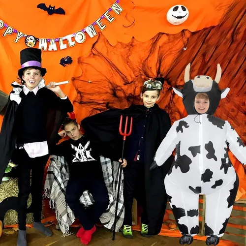 Vista 6 de Stegosaurus Disfraz inflable de vaca para niños, disfraces inflables de Halloween para niños, divertido traje de vaca para niños y niñas, fiesta