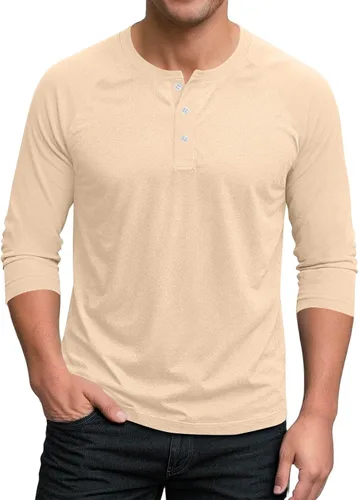 Vista 17 de Ctreela Camiseta Henley de manga 3/4 para hombre, estilo casual, ajustada, color sólido, manga larga, camiseta de béisbol