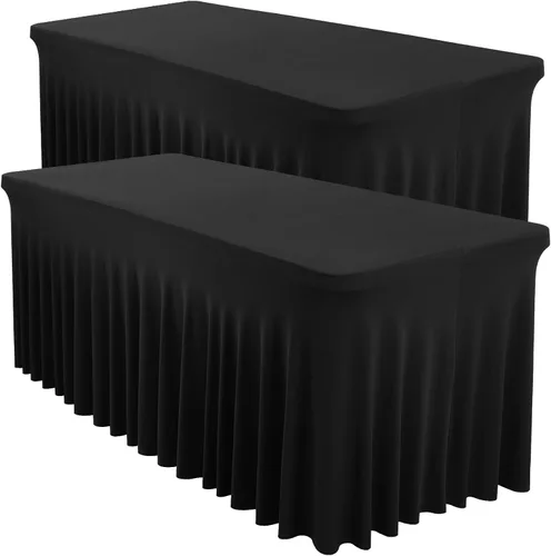 Vista 8 de Paquete de 2 manteles color azul bebé para mesa rectangular de 4 pies, manteles de elastano elásticos de 4 pies, falda blanca rectangular para baby