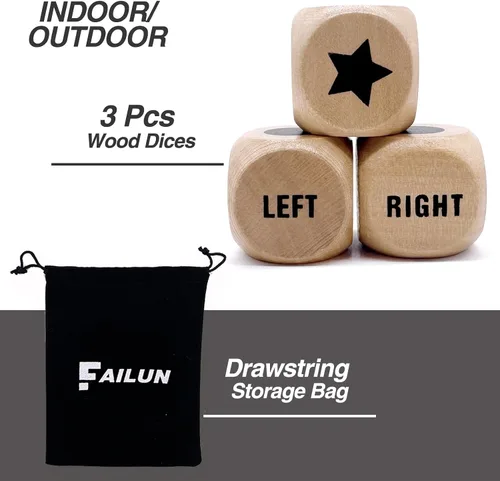 Vista 3 de Juego de dados Left Right Center de 1 pulgada de madera con bolsa de cordón, fácil de almacenar y transportar, conveniente para viajar (3 piezas)