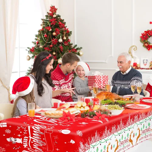 Vista 6 de Paquete de 3 manteles navideños desechables de plástico, manteles de mesa navideños rectangulares rojos para fiestas, con estampado de árbol