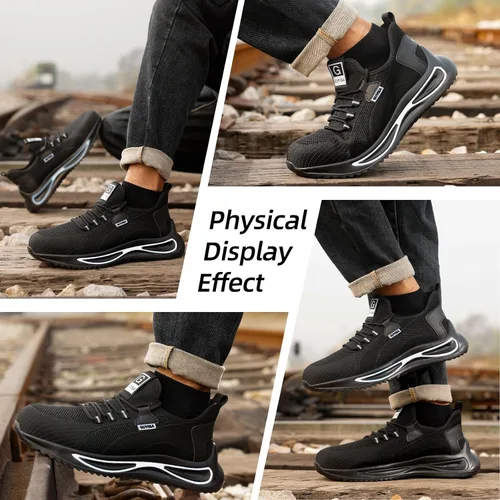 Vista 6 de GLANOUDUN Zapatos de punta de acero para hombre, zapatos de trabajo ligeros para hombres, zapatos de trabajo negros con punta de acero, zapatos