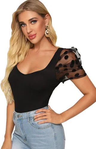 Vista 4 de Verdusa Camiseta ajustada de malla con cuello corazón para mujer