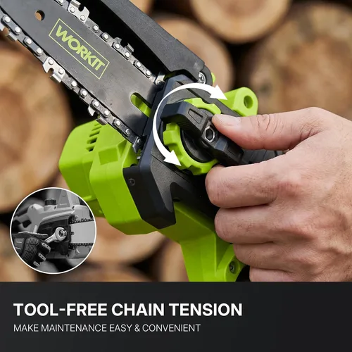 Vista 7 de WORKIT Mini motosierra inalámbrica, motosierra eléctrica de 8 pulgadas con 2 baterías, motosierra de mano con engrasador automático, tensión sin