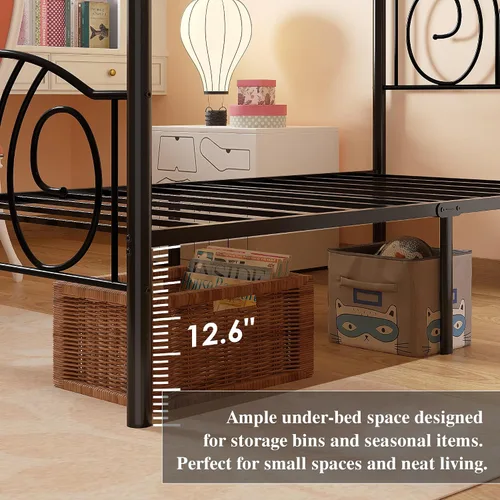 Vista 6 de VECELO - Marco de cama con dosel doble, cabecera vintage con voluta, color negro mate Twin canopy bed frame, Scrollwork metal headboard, Sturdy